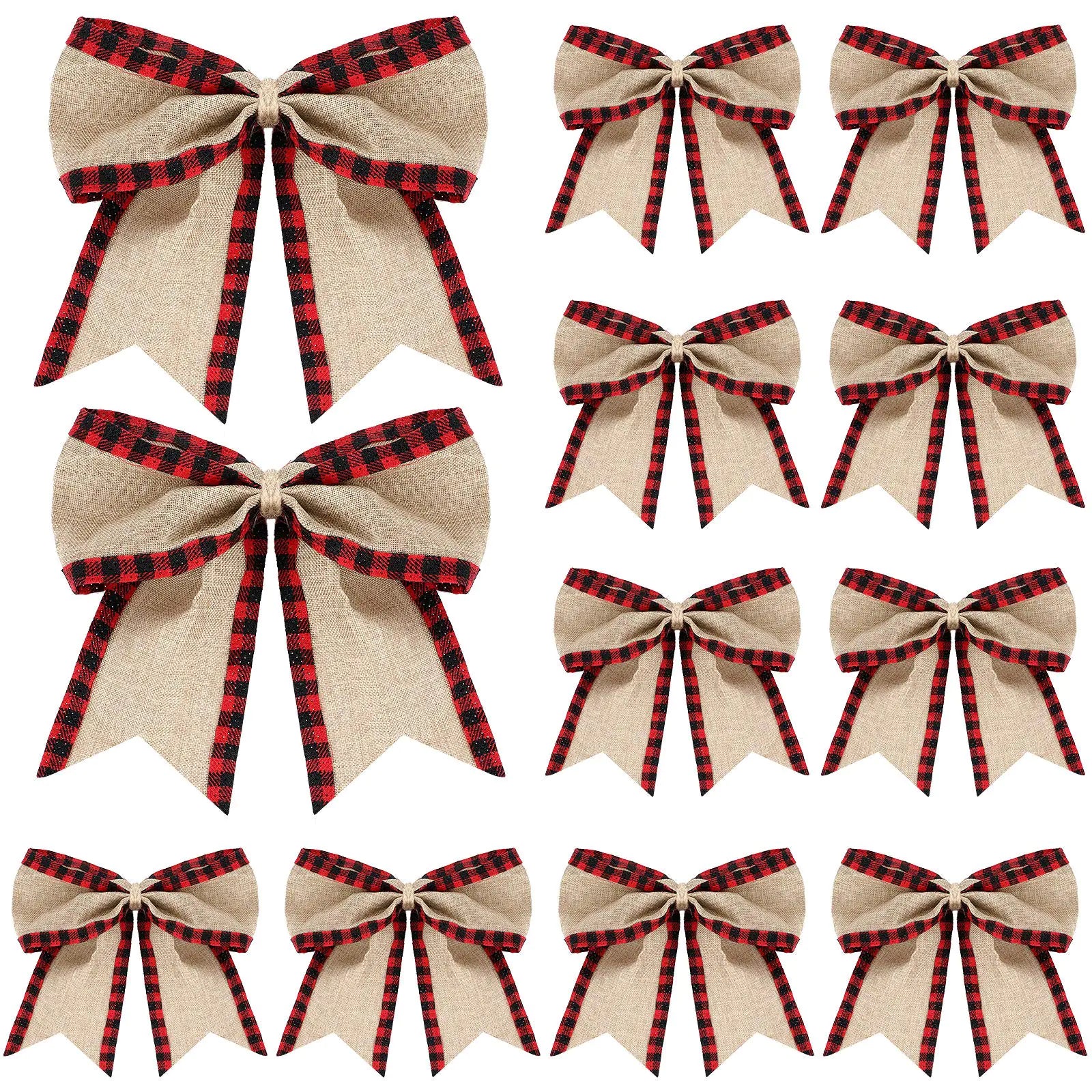 Syhood 12 Pieces Christmas Burlap Plaid Bow Christmas Buffalo Plaid Bow Christmas Decoration Bow for Christmas Tree Crafts Home Decoration (Black and Red)