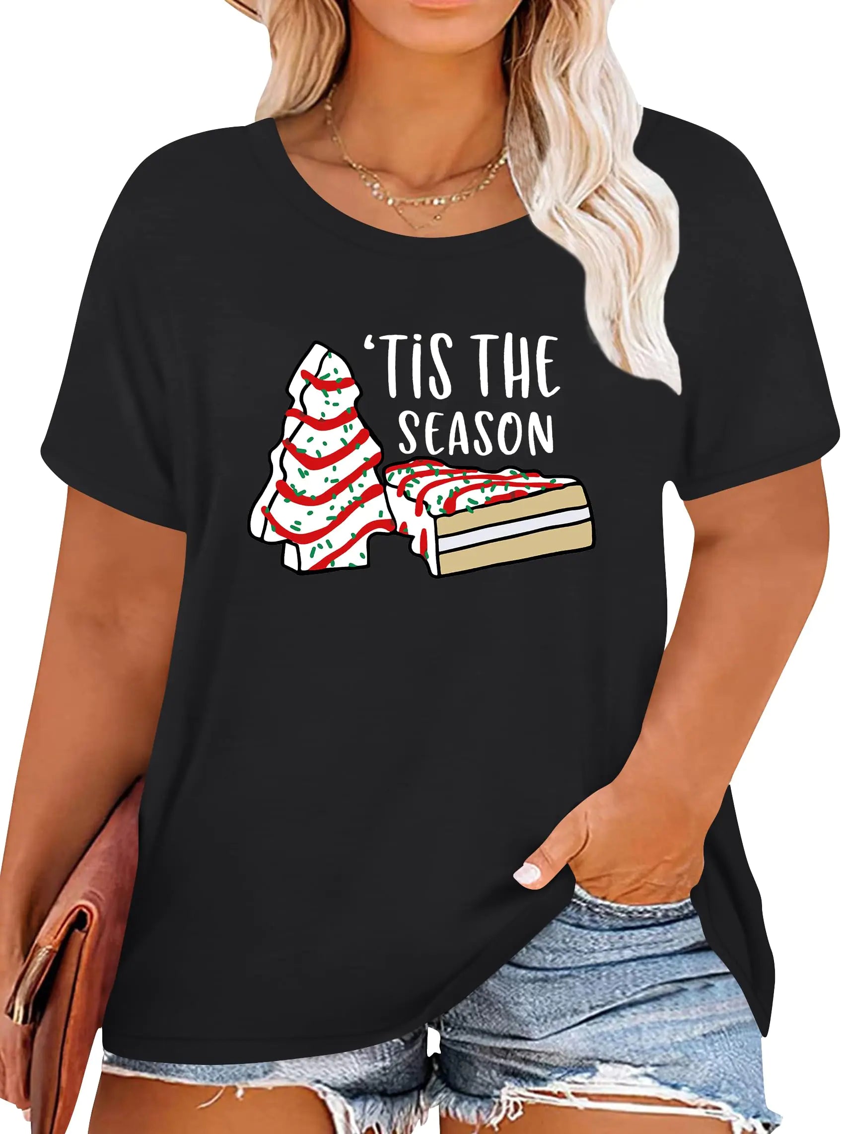 QAUN Plus Size Christmas Shirts: Tis The Season Christmas Tshirt Xmas Tees Merry Christmas Tops(Black4XL)