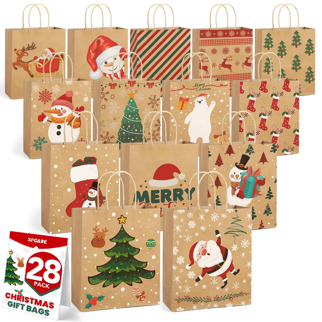 XPCARE 28 Pack Christmas Kraft Gift Bags with Handles 9x7.5x3.5