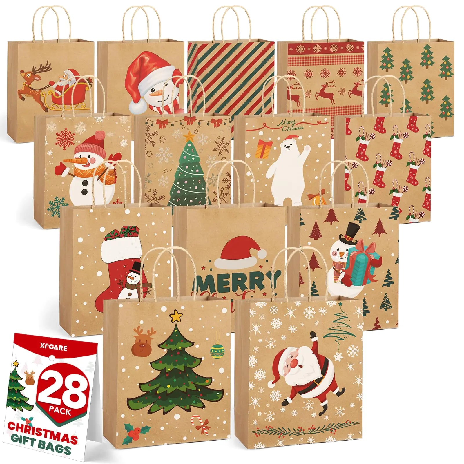 XPCARE 28 Pack Christmas Kraft Gift Bags with Handles 9x7.5x3.5