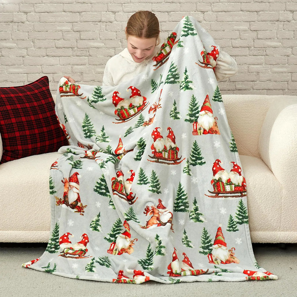 Cozy Bliss Gnome Throw Blanket Christmas Blanket Warm Plush Throw Blanket Ultra Soft Cozy Throw Blanket for Couch Sofa and Bed (Xmas Gnome in Sleigh 50" x 60")