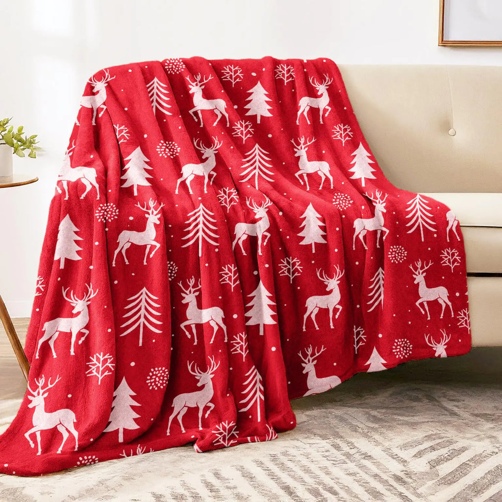 Christmas Throw Blanket - Luxurious Red Reindeer and Tree Design Soft Plush Microfiber Fleece Perfect for Couch Sofa Bed Cozy Lightweight Winter Decor 50" x 60"