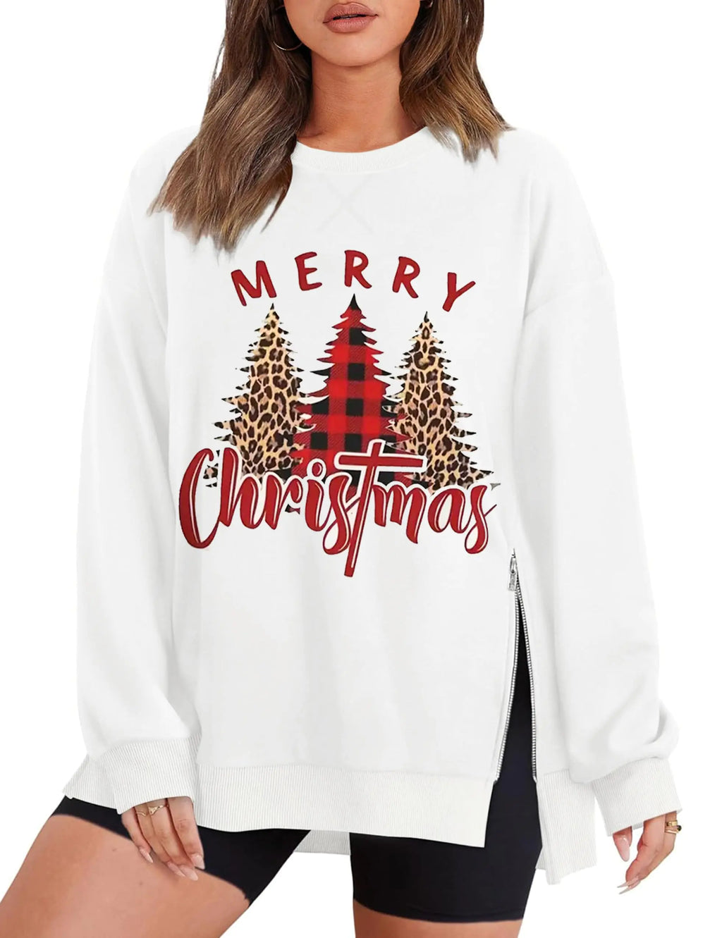Christmas Sweatshirts For WomenCrew Neck Casual Black Slit Long Sleeve Christmas Tree Pattern Merry Christmas Shirt For Women Christmas Outfits For Women 2024 Tops