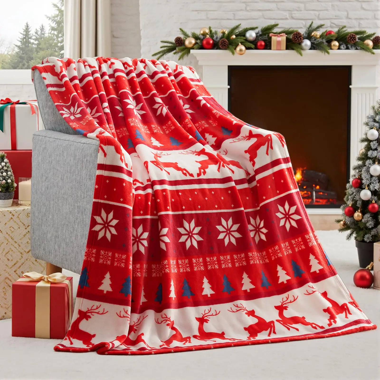 Joiedomi Christmas Throw Blanket - Soft Flannel Christmas Blanket - Warm Plush Holiday Decorative Throw - Winter Cozy Present Throw for Couch - 50” x 60" Red Fair Isle