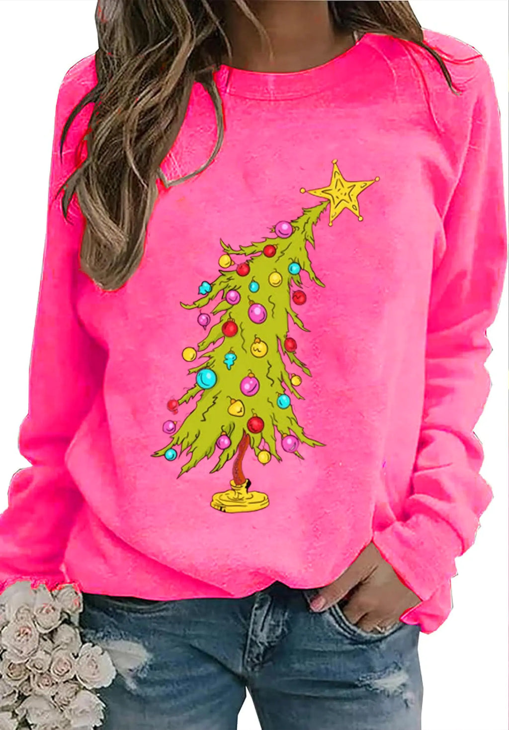 ZXUBP Christmas Tree Sweatshirt: Christmas Sweatshirts for Women Crewneck Christmas Graphic Tee Christmas Holiday Hoodie Rose Red