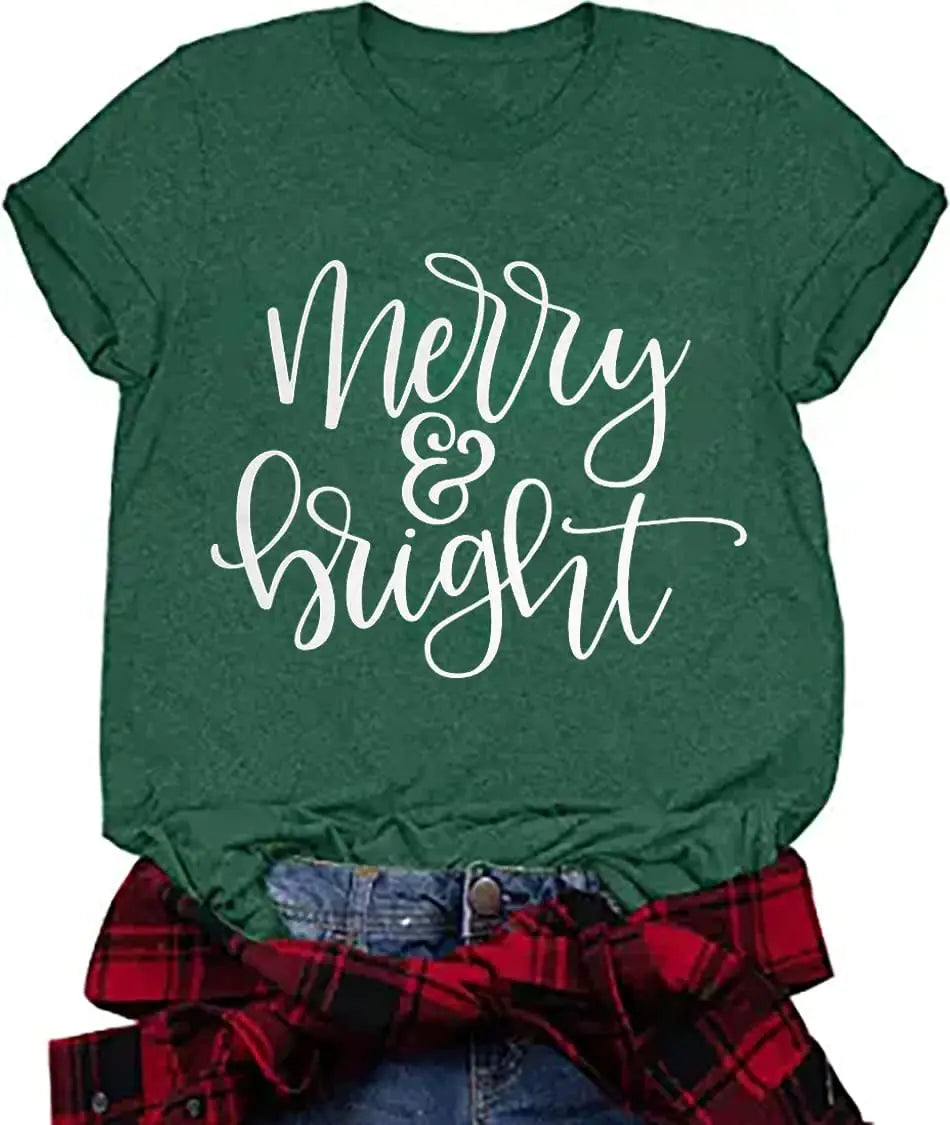 Christmas Shirts for Women Merry and Bright Shirt Christmas Light Printed Tshirt Funny Christmas Tee Shirts